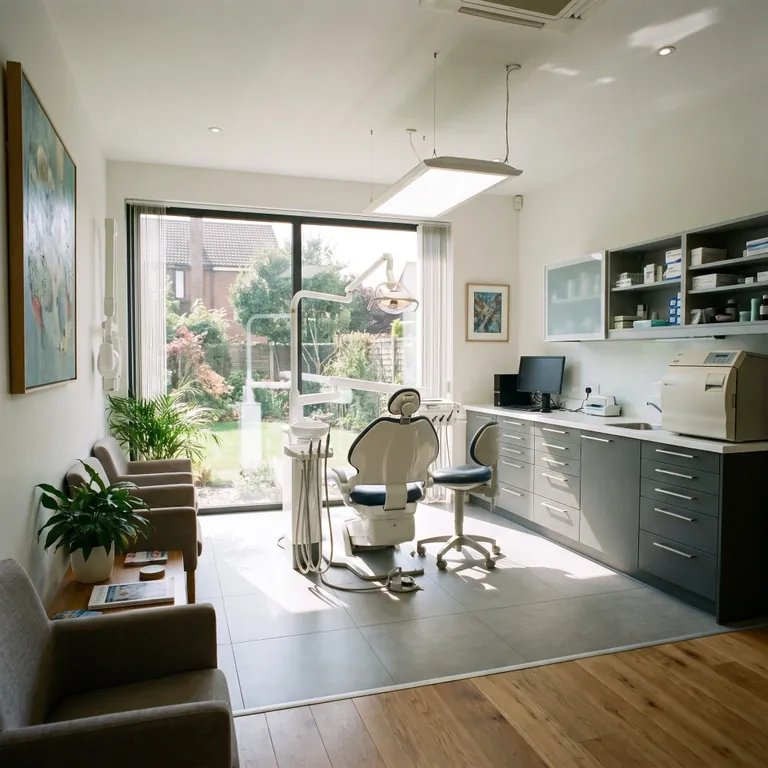Sillón dental junto a un ventanal con luz natural